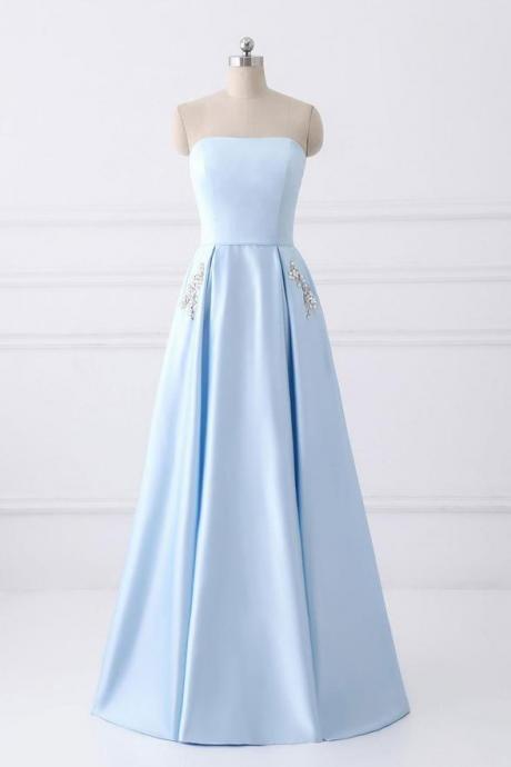Charming Strapless Lace Up Prom Dresses,sky Blue Graduation Dresses,long Prom Dresses With Pockets Dr0541