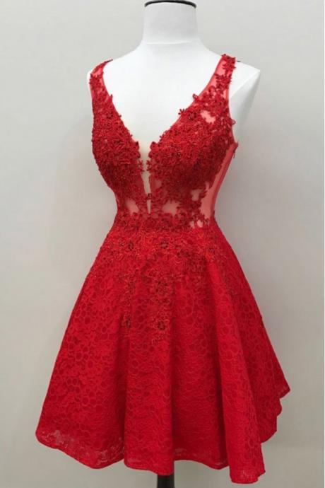 Cute Red Lace Appliques Short Prom Dresses,v Neck Sleeveless Homecoming Dresses, Mini Cocktail Dresses,homecoming Dresses Dc14