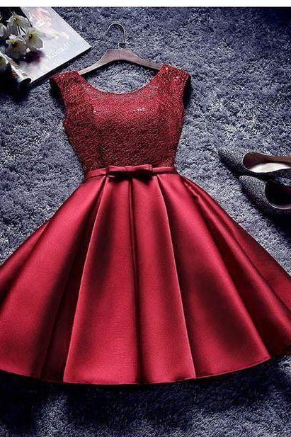 A Line Red Scoop Homecoming Dresses,Satin Homecoming Dress, Short Lace up Prom Dress, Cute Lace Sweetheart 16 Dress,Homecoming Dresses DC39