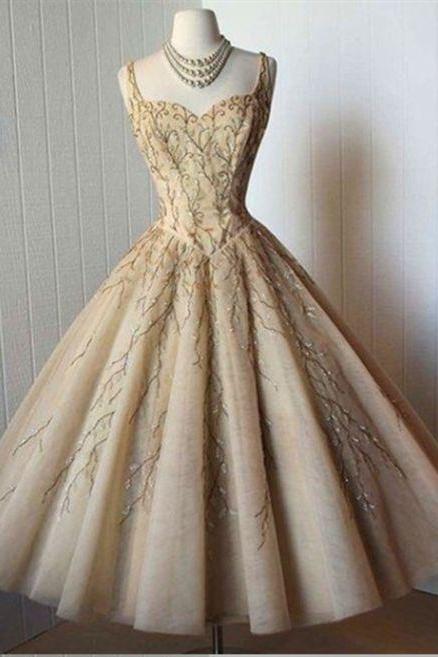 A-Line Spaghetti Straps Homecoming Dresses,Tea-Length Sleeveless Short Prom Dresses,Champagne Lace Organza Homecoming Dresses with Appliques,Homecoming Dresses DC40