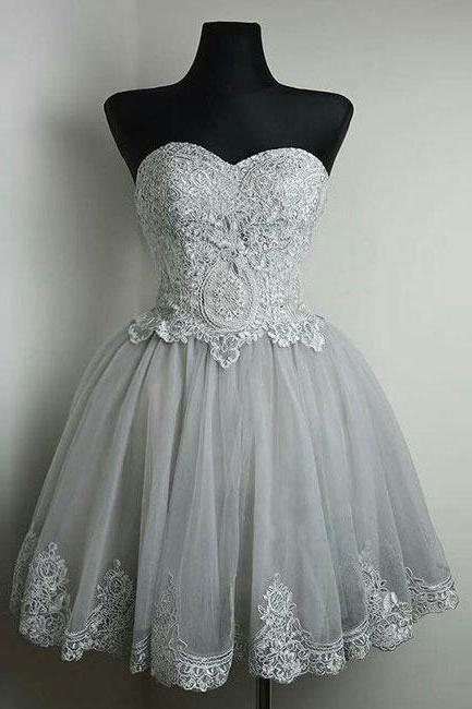 A Line Strapless Sweetheart Homecoming Dresses, Grey Lace up Homecoming Dresses,Lace Appliqued Short Prom Dresses,Homecoming Dresses DC52