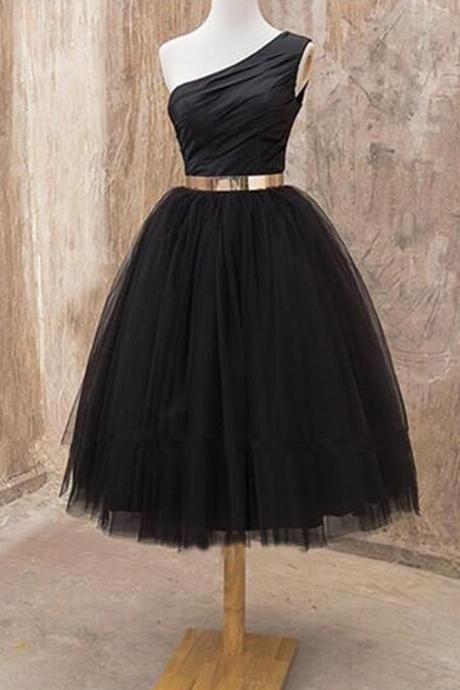 Cute A Line One Shoulder Black Tulle Short Homecoming Dresses with Metal Belt, Formal Short Prom Dresses,Homecoming Dresses DC58