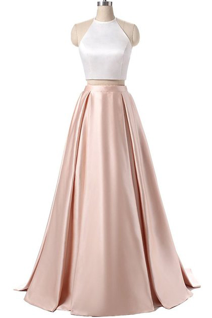 A Line Two Pieces Party Dress,Halter Backless Satin Prom Dresses,White Zipper Evening Dresses,Prom Dresses DC101
