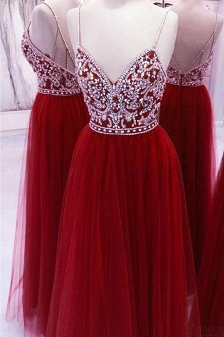 A line Red V Neck Spaghetti Straps Prom Dresses, Backless Tulle Evening Dresses, Beads Long Cheap Formal Dresses DC279