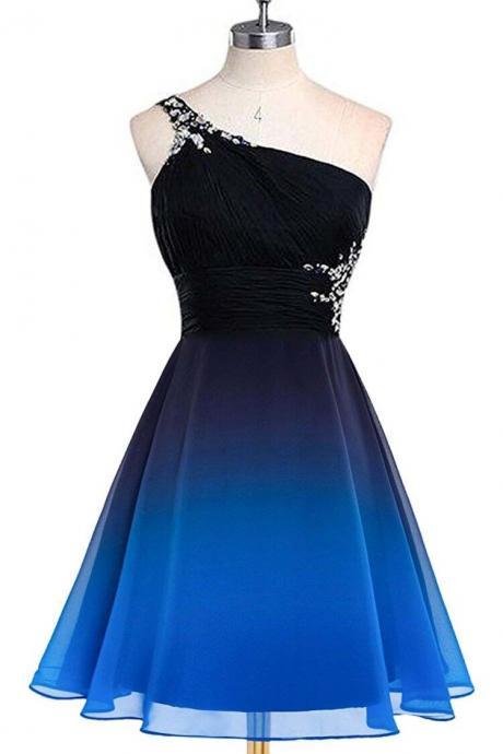 A Line Ombre Blue and Black Homecoming Dresses, One Shoulder Short Prom Dresses, Homecoming Dresses DC289