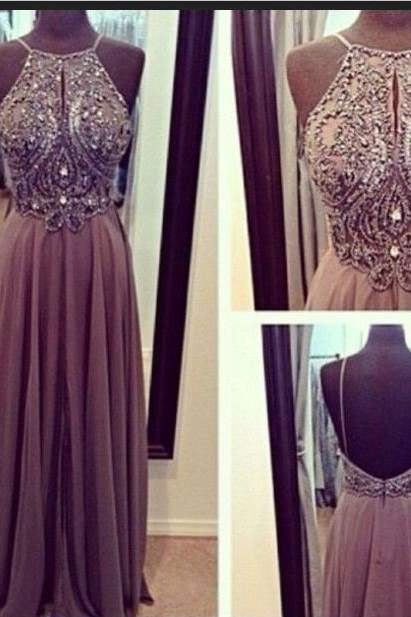 Chiffon Spaghetti Straps Open Back Long Prom Dresses, A-line Floor-length Halter Backless Grey Evening Dress Gown Dr0483