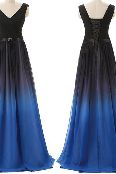 Design Gradient Chiffon Long Prom Dresses,v-neck Back Up Lace Evening Dresses,modest Prom Gowns,party Prom Dresses,a-line Prom Dress