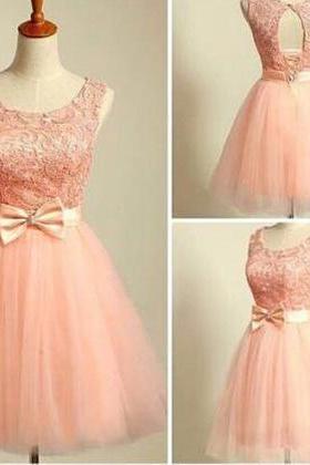 Blush Pink Beaded Cocktail Dresses,lace Homecoming Dresses,open Back Party Dresses, Neat Bow Waist-tie Short Prom Dresses
