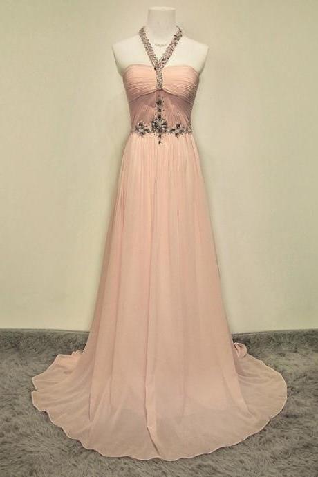 2016 Simple Prom Dresses,blush Pink Evening Dresses,halter Prom Dress,beaded Party Dresses, Long Prom Gowns For Teens