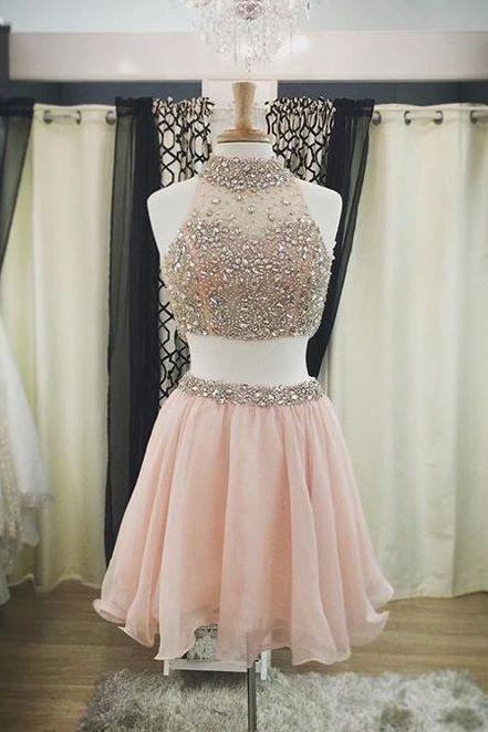 Pretty Two Pieces Pink Homecoming Dresses For Teens,halter Beading Cocktail Dresses,beautiful Graduation Dress
