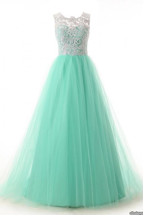 Long Cap Sleeves Lace Prom Dresses,simple Prom Dresses, Prom Dress,mint Prom Gowns