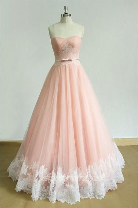 2016 Strapless Long Lace Prom Dresses,back Up Lace Pink Prom Dress For Teens