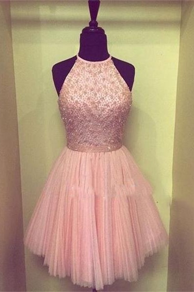 Halter Beading Tulle Homecoming Dresses,Short Handmade Sleeveless Graduation Dresses,Pink Cocktail Dresses