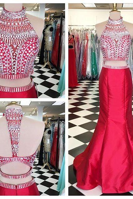 Light Red 2 Pieces Prom Dresses,mermaid Prom Dress,charming High Neckline Prom Gowns,evening Dresses