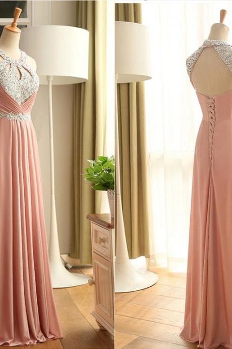 Blush Pink Halter Prom Dresses,lace Up Handmade Prom Gowns,pretty Evening Gowns,long Party Gowns