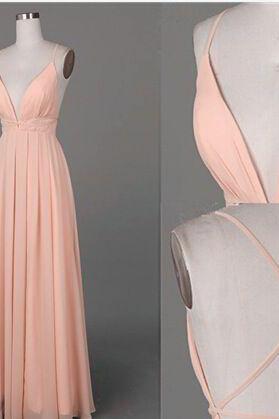 Charming Simple Pink Handmade Chiffom Prom Dresses,v-neck Prom Gowns,party Prom Dresses,party Gowns