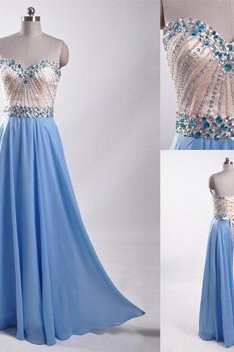 Charming Classy Blue Beading Prom Dresses,Pretty Chiffon Prom Gowns,Evening Gowns