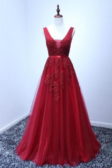 Red A-line Long Prom Dresses,lace V-neck Prom Dresses,charming Party Ptom Dresses