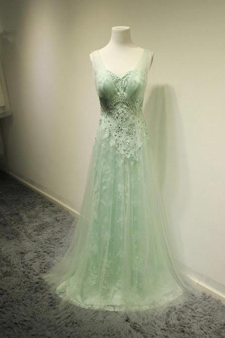 Mint Beading Lace Prom Dresses,long Party Dresses,classy Prom Gowns,handmade Evening Gowns,prom Dress 2016