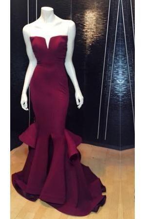 Burgundy Satin Strapless Floor Length Ruffled Accent Mermaid Prom Dress