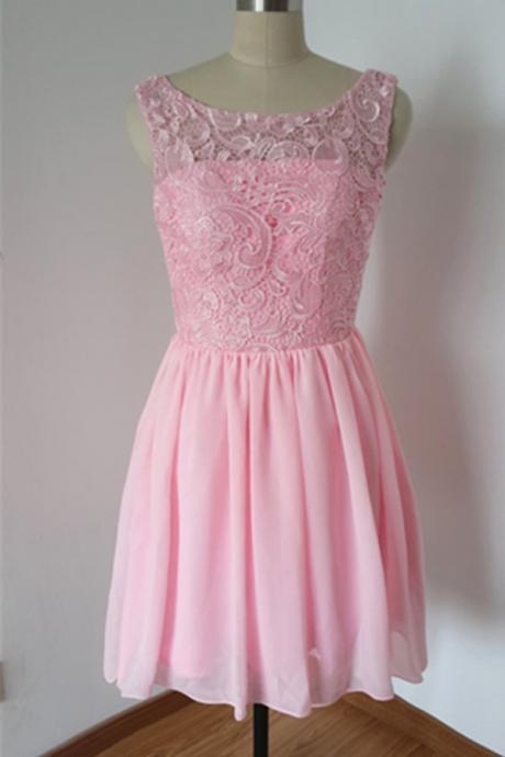 Simple Cute Pink Handmade Chiffon Lace Homecoming Dresses,graduation Dresses,short Bridesmaid Dresses
