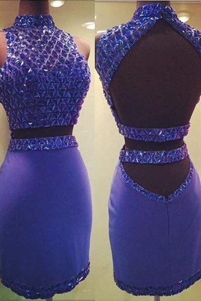 Real Made Short Two Pieces Mermaid Homecoming Dresses,backless Blue Homecoming Dress,formal Dresses,pretty Short Prom Dresses