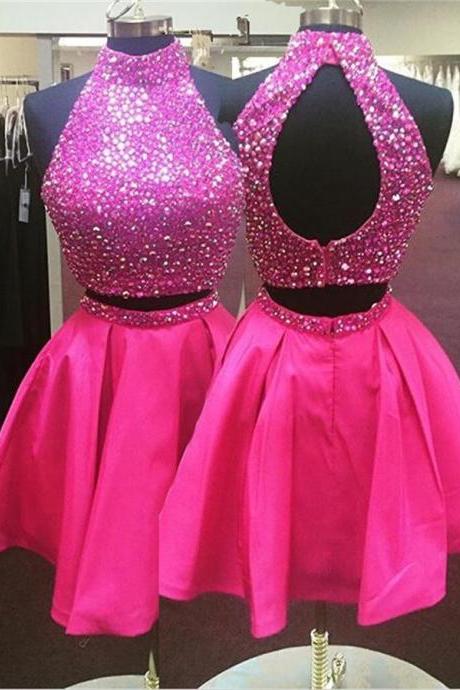 Pink Halter Homecoming Dresses,pretty Homecoming Dress,beading Sparkly Short Prom Dresses,party Dresses