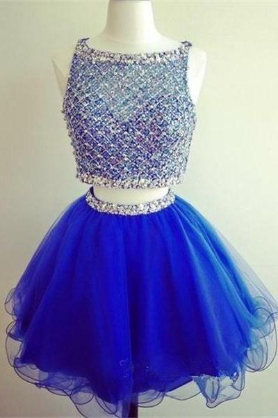 Royal Blue Beading Homecoming Dresses,cute Homecoming Dresses,two Pieces Party Dresses,short Prom Dresses