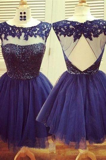 Blue Lace Beading Homecoming Dresses,tulle Homecoming Dresses,handmade Backless Short Prom Dresses