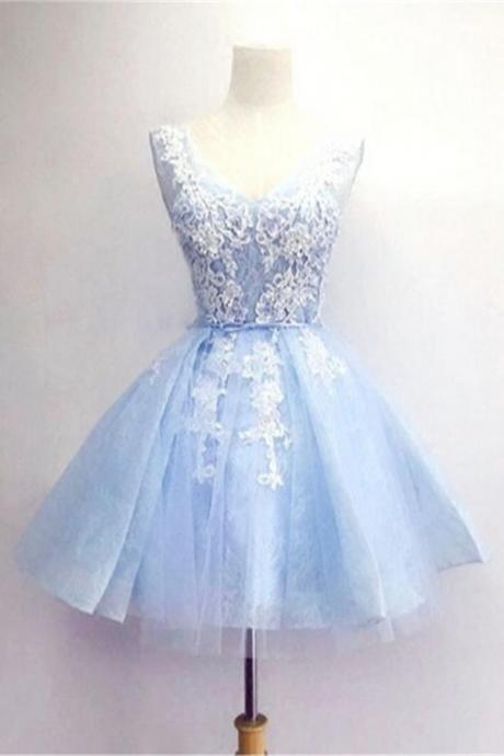 Light Blue Short Prom Dresses,v-neck Lace Homecoming Dresses,homecoming Dress 2016,party Dresses,short Dress