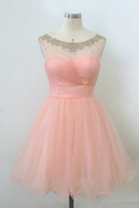 Blush Pink Lace Short A-line Tulle Beaded Backless Short Simple Homecoming Dresses,party Dresses,cute Dresses