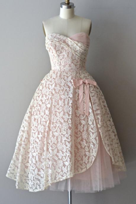 Vintage Simple Lace Tulle Pink Handmade Strapless Homecoming Dresses With Bow