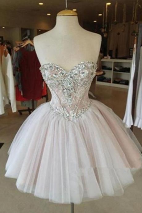 Sparkly Strapless Handmade A-line Tulle Princess Beaded Homeocming Dresses,short Modest Homecoming Dress,partry Dresses