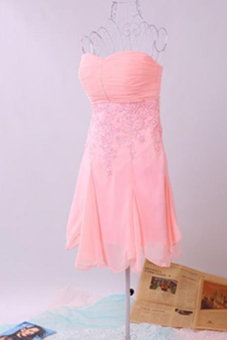 Pink Chiffon Strapless Zipper Back Bridesmaid Dresses,short Homecoming Dresses,cute Homecoming Dress