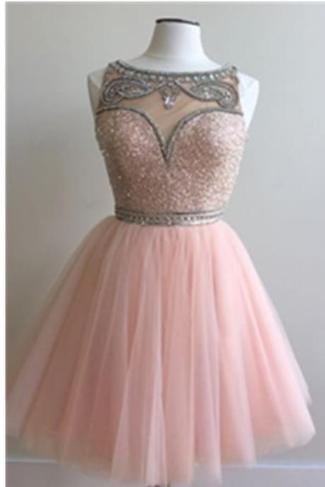 Pink A-line Beaded Tulle Homecoming Dresses,modest Short Prom Dresses,party Dresses