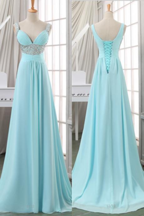Light Blue Long Classy Chiffon Beaded Lace Up Open Back A-line Prom Dresses,handmade Prom Dresses