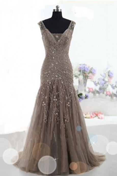 Mermaid Lace Up Prom Dresses,brown Tulle Prom Gowns,modest Beading Prom Dresses,v-neck Party Dresses,quinceanera Dresses,graduation Dresses