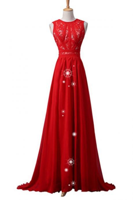 Red Simple Chiffon Lace Prom Dresses,handmade Evening Dresses,o-neckline Prom Gowns,high Quality Party Dresses,sweet 16 Dress