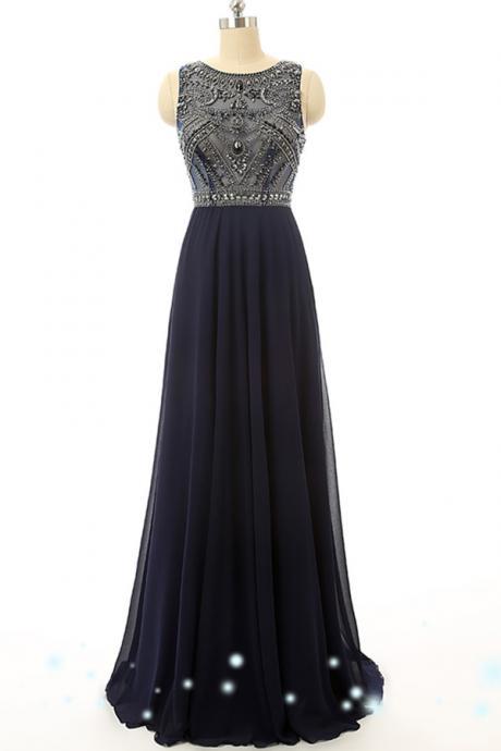 A-line Navy Blue Prom Dresses,beading Chiffon Long Prom Dress,modest Close Back Prom Gowns,high Quality Evening Dresses,party Dresses
