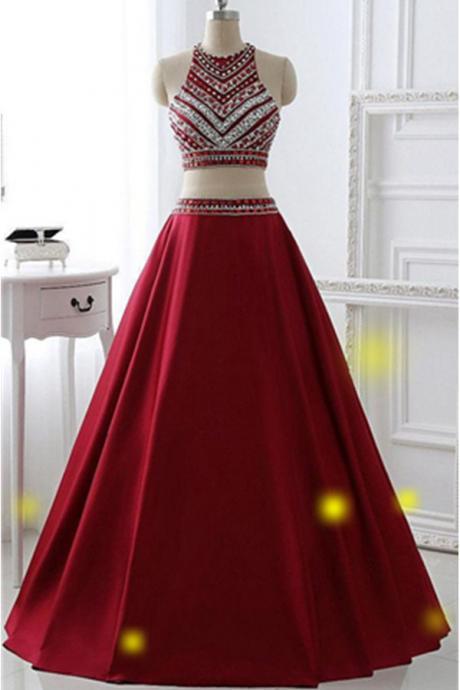Burgundy Two Pieces Prom Dresses,a-line Prom Dresses,saprkly Long Prom Dresses For Teens,handmade Prom Gowns,evening Dresses Dr0414