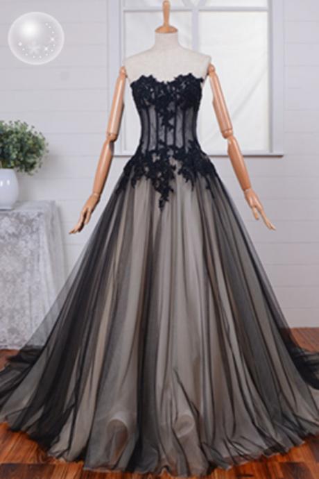 Sweetheart A-line Black Lace Tulle Prom Dresses,simple Prom Gowns,handmade Evening Dresses,long Party Dresses