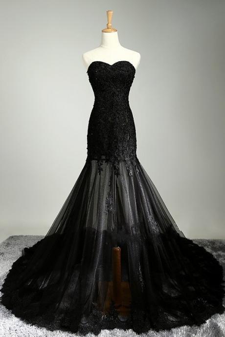 Mermaid Long Strapless Prom Dresses,black Lace Prom Gowns,charming Evening Dresses,formal Party Dresses