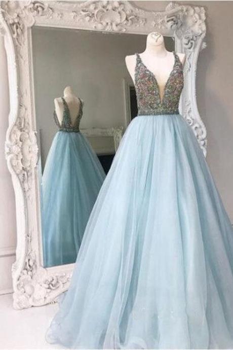 Classy V-neck Long Prom Dresses,light Blue Prom Dress,nice Graduation Dresses,quinceanera Dresses,backless Party Dresses