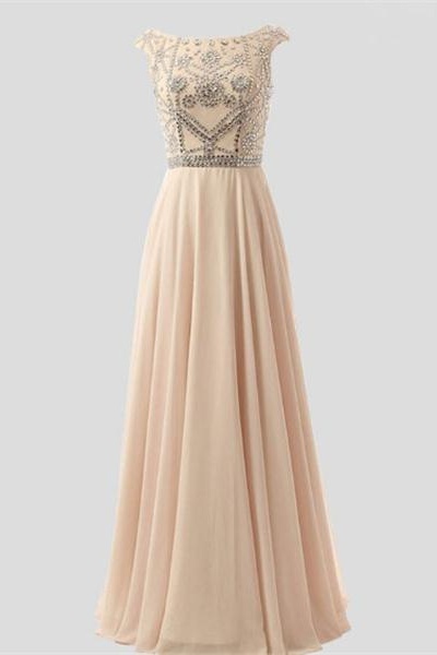 Champagne Beading Small V-back Prom Dresses With Flower Type,Sparkly Beautiful Prom Gowns,Long Prom Dresses For Teens