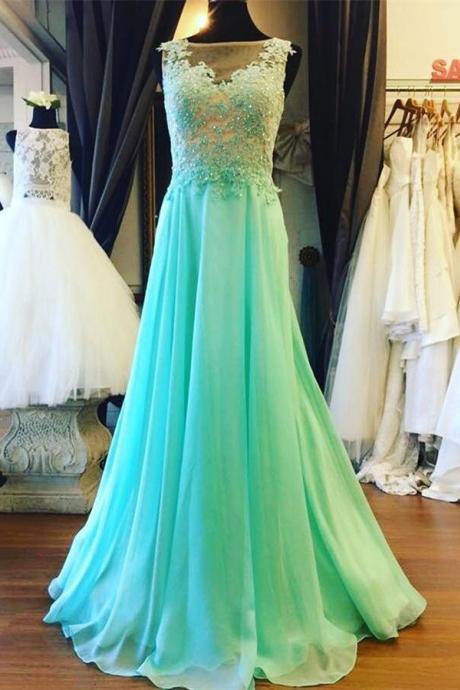 Mint Lace Chiffon Prom Dresses,close Back Prom Gowns,a-line Long Prom Dresses For Teens,classy Prom Dresses,,evening Dresses