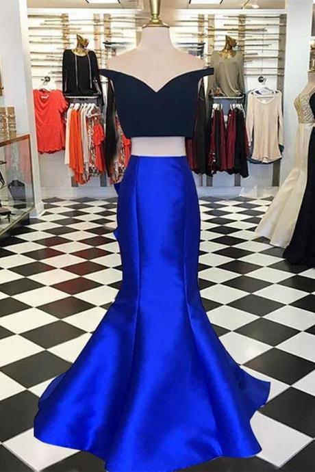 Royal Blue Long Mermaid Two Pieces Prom Dresses,Simple Cheap Handmade Prom Gowns,Pretty Party Dresses,Charming Evening Dresses