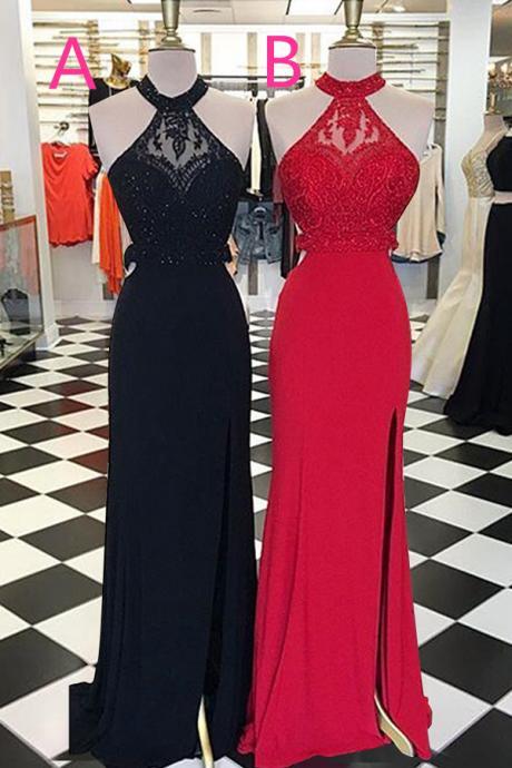 Pretty Black And Red Long Prom Dresses,front Split Prom Gowns,high Neckline Prom Dress,beautiful Evening Dresses,women Dresses