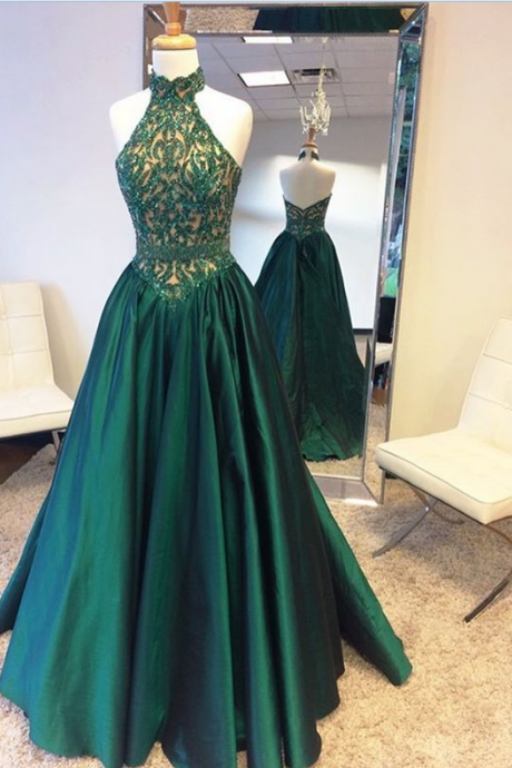 Green Halter Beading Lace A-line Prom Dresses For Teens,elegant Backless Prom Gowns,fashion Evening Dresses,prom Dresses 2017,women Dresses