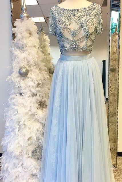 2017 Light Blue Two Pieces Elegant Prom Dresses,prom Dresses For Teens,charming A-line Tulle Evening Dresses,beading Party Dresses