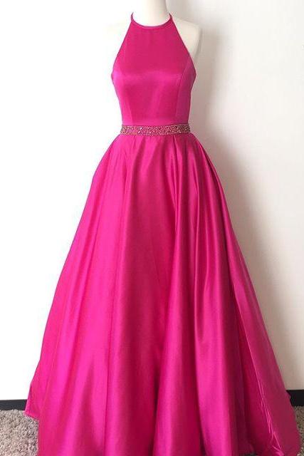 Hot Pink Halter Long Satin Prom Dresses,open Back A-line Simple Prom Dress For Teens,plus Size Prom Gowns,modest Evening Dresses,women Dresses